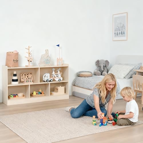 Montessori Book and Toy Shelf for Kids, 5-Section Organizer, Birch Plywood