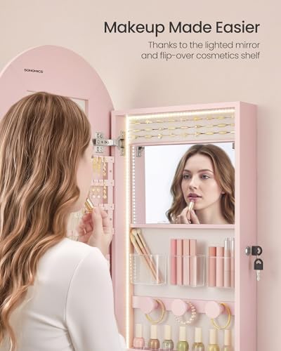 SONGMICS Wide Jewelry Organizer, Wall/Door Mounted, LED Cabinet, Lockable