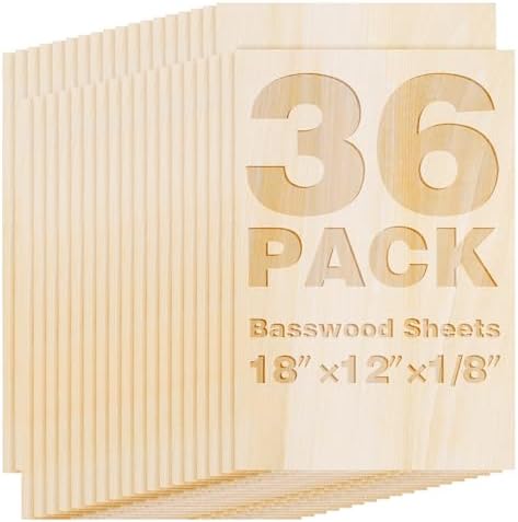 36 Pack Basswood Sheets 18"x12"x1/8", 3mm Basswood for Laser Cutting, Thin Plywood Board Unfinished Wood for Crafts, DIY Architectural Models Making, Wood Engraving, (36Packs-18inchx12inch)