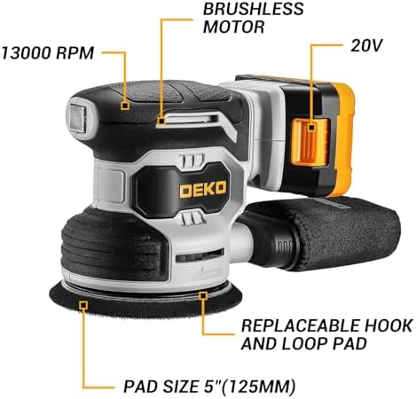 Cordless Orbital Sander: DEKOPRO 20V Random Orbit Sander, 5inch Power Palm Sander Electric Sanders Tool with Battery, Charger, Dust Collector, 16 Pcs Sanding Discs for Woodwroking