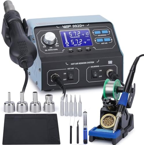 WEP 992D+ 2-in-1 Soldering Iron Kit and Hot Air Rework Station with 3 Preset Channels, LCD Display, Interchangeable Handles, Sleep Mode, X-2 Iron Holder, 5 Iron Tips, Desoldering Pump and Tweezers