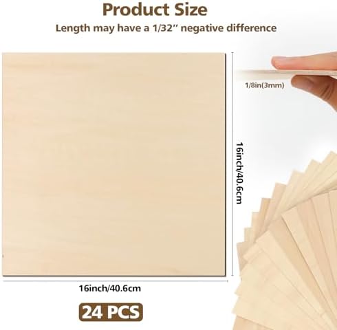 Adrattnay Basswood Sheets 3mm - 1/8 x 16 x 16 inch, 24pcs Square Laser Basswood Plywood for Laser Cutting & Engraving DIY Crafts, Wood Burning, Painting, Architectural Model Building