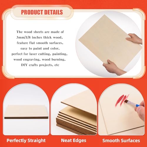AWIZOM 12 Pack Basswood Sheets for Crafts-12 x 16 x 1/8 Inch- 3mm Thick Plywood Sheets with Smooth Surfaces Unfinished Wood Boards for Laser Cutting, Wood Burning, Architectural Models, Staining