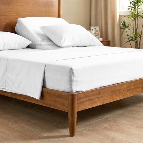 JS Sanders Collection 600TC Flex Top King Sheets for Sleep Number Bed - 100% Cotton 4 Pcs Top Split King Sheets for Adjustable Bed, King 34 Inch Down White -18 Inch Deep