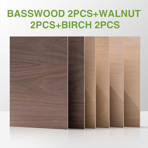 Rowood 6 Pack Plywood 1/8,2 Pack Walnut+2 Pack Basswood+Double Pack Birch,12x16.5x1/8inch,Thin 3mm Unfinished Plywood for Laser Cutting & Engraving,DIY Adult Craft Kits for Models Drawing,Wood Burning