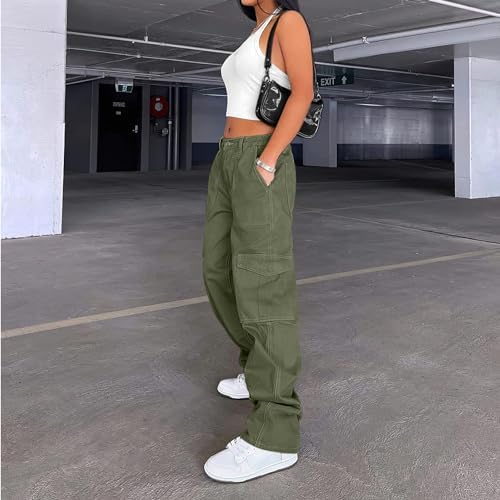Lepunuo Cargo Pants for Women High Waisted Casual Pants Baggy Stretchy Wide Leg Y2K Streetwear with 6 Pockets