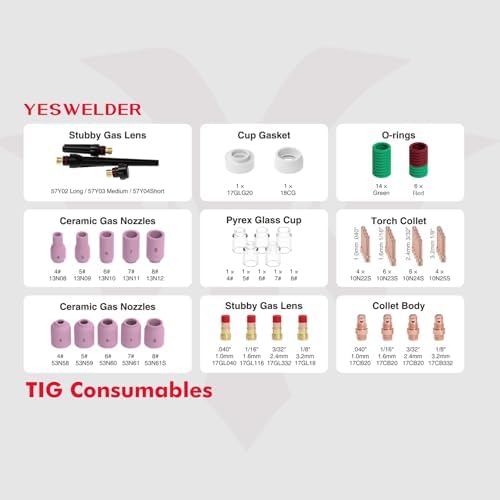 YESWELDER 68 Pcs TIG Welding Torch Stubby Gas Lens Glass Cup Kit