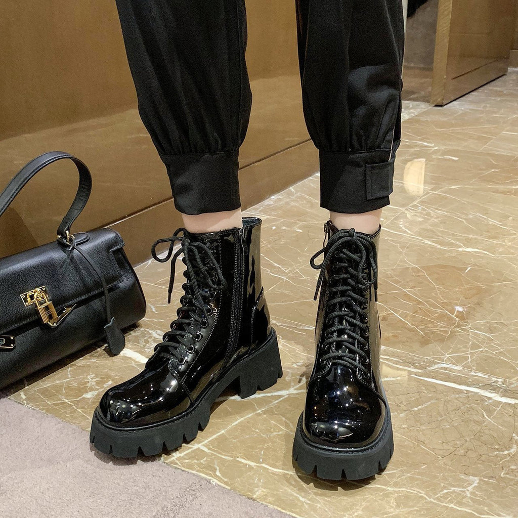 Women's British style thick heel round toe Martin boots