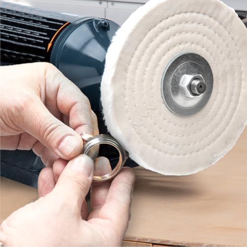 POWERTEC 8-Inch Bench Buffer Jewelry Polisher - Includes 2PCs 80Ply Thic Buffing Wheels + 2 Pack White & Yellow Polishing Wheels