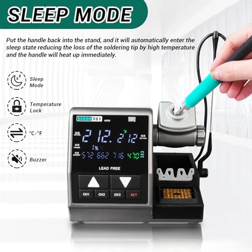 SUGON T61 400W Digital Soldering Iron Station, with C470 & C245 Handles and 6 Soldering Tips, 212°F-932°F, 2S Fast Heat, Sleep Mode, 3 Preset Channels, °C/°F, Tip Change Slots, Cleaning Sponge, LCD
