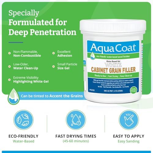 Aqua Coat Water-Based White Cabinet Wood Grain Filler Gel – Fast Drying, Low Odor White Wood Filler, Sandable & Paintable for Interior & Exterior Repairs, Upgrades & Restorations – 8 oz