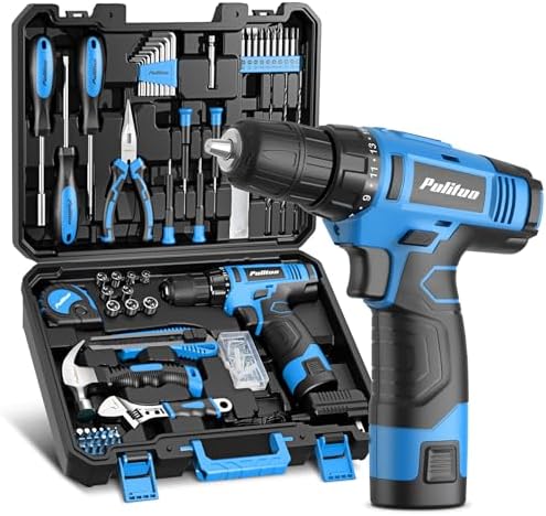 PULITUO Tool Set, 148-Piece Home Drill Set with 12V Blue Cordless Drill, Hand tool Kits, and Box, Suitable for Men, Women, and DIY Enthusiasts for Home Improvement.
