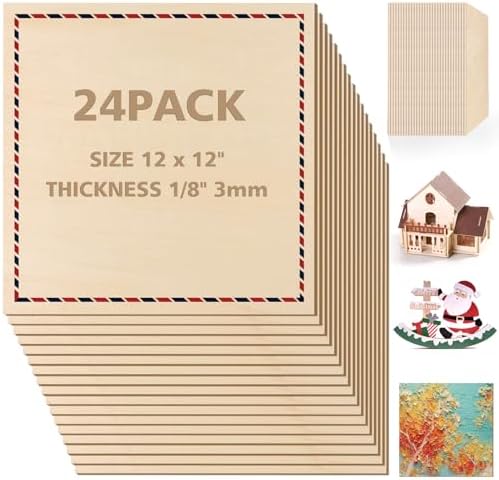Adrattnay 24Pcs Basswood Sheets 12 x 12, 1/8in Basswood for Laser Cutting