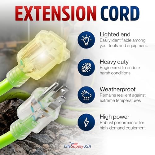 200ft Outdoor/Indoor Extension Cord 12/3 Gauge Extra Heavy Duty 3 Prong SJTW, Waterproof, Flexible Cold-Resistant Long Power Cord, 15A 125V 1875W, Neon Green by LifeSupplyUSA