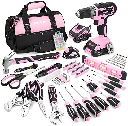 WORKPRO 20V Cordless Pink Drill Set for Women, Pink Tool Set with Bag