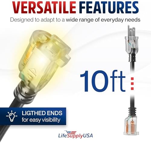 10ft Outdoor/Indoor Extension Cord 12/3 Gauge Extra Heavy Duty 3 Prong SJTW (5-15P/5-15R), Waterproof, Flexible Cold-Resistant Long Power Cord,15A 125V 1875W, Black by LifeSupplyUSA