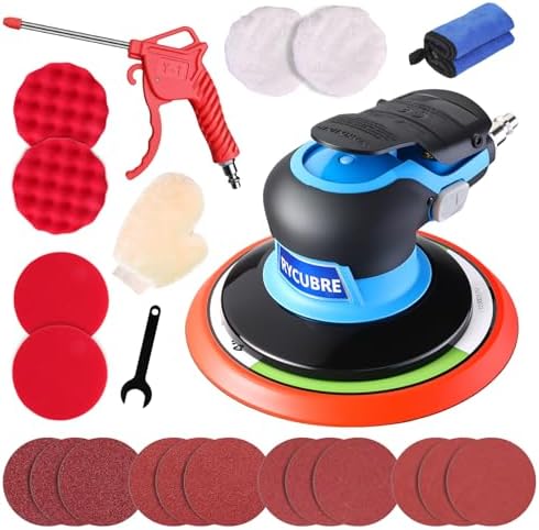 6 Inch Pneumatic air Sander Kit (with 12 Sandpapers, Polishing Pads & Accessories & A Free Air Blow Gun) – da sander for auto Body Specialized, Pneumatic Orbital Sander, Professional & DIY Compatible