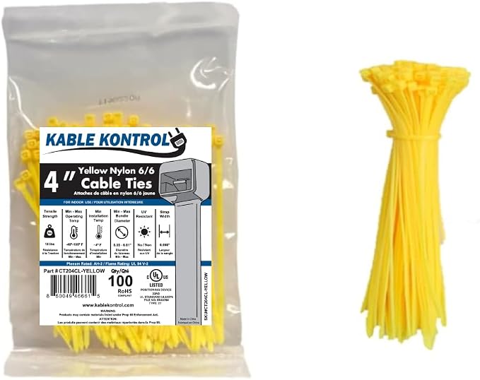 Kable Kontrol Yellow Zip Ties 4 Inch 100 Pcs, 18 Lbs Tensile Strength, Self-locking Nylon Colored Cable Ties Wire Wraps for Indoor or Outdoor Use