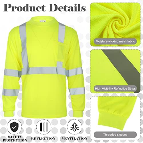 Amylove 4 Pcs Long Sleeve High Visibility Safety Shirts, L, Yellow