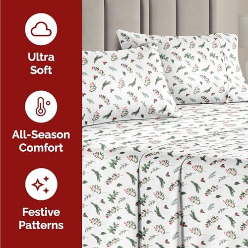 Christmas Sheet Set, Mistletoe, Holiday Xmas Bedding Set - Twin Size