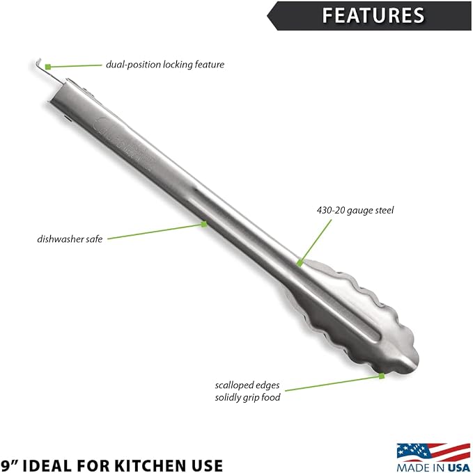 Rada Cutlery 9" Heavy-Duty Tongs (B313), Pack of 2 | Scalloped Edges, Stainless Steel