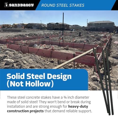 Sandbaggy 24 Inch Round Steel Concrete Form Stakes with Nail Holes, Heavy Duty Rust Resistant Form Pins for Concrete Forms, Slabs, Driveways, Sidewalks, Curbs & Footings, 20 Pack, 3/4 in x 24 in