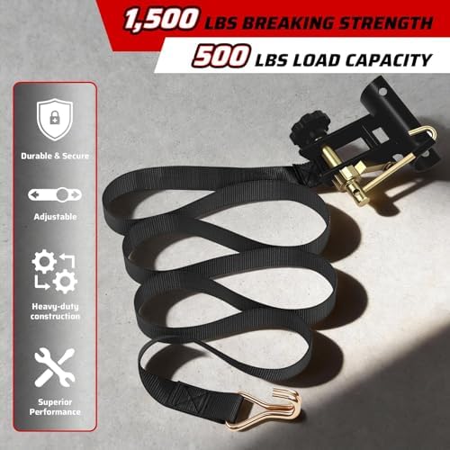 Black Rack Straps with J-Hook (2PK),1.5" x7.5' Ladder Rack Ratchet Straps, 2" Round Tube Mount, Perfect Ladder Rack Tie-Downs for Trailer Cargo Control