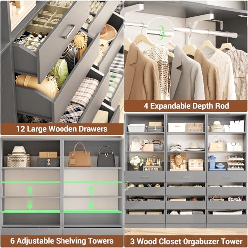 Aheaplus Closet System, 138.5" Closet Organizer with 12 Drawers & 4 Rods