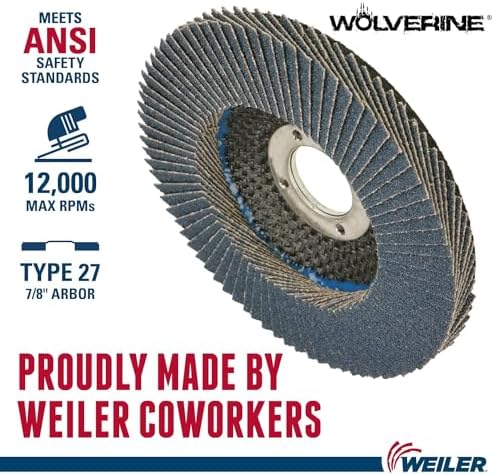 Weiler 31389 Wolverine 4-1/2" x 7/8" Arbor Hole Abrasive Flap Disc, 80 Grit Zirconia Alumina, Flat Type 27, Phenolic Backing, High Density (Pack of 10)