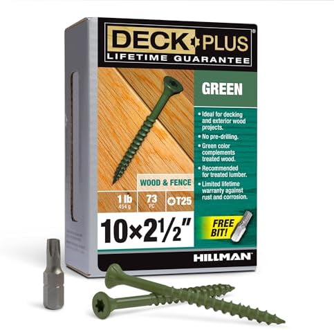 Deck Plus 2-1/2 Inch Epoxy Coated Exterior Wood and Fence Screws #10 x 2-1/2" Torx/Star Drive Included Coarse Thread, Outdoor Rust Resistant Decking Screw, Green, 1lb Box, 73 Pieces | 48401