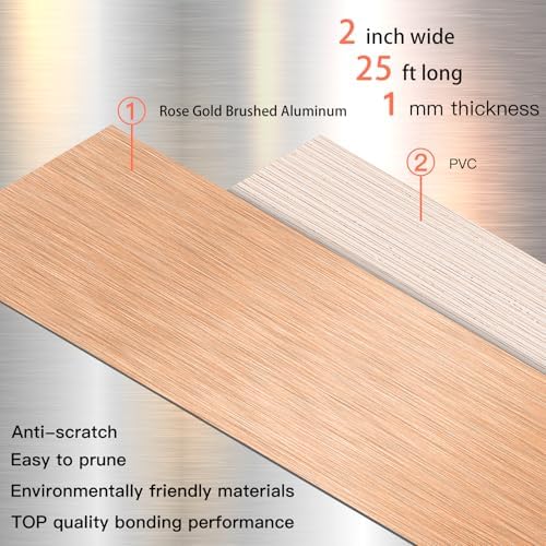 GSCIT Club Rose Gold Edge Banding, 2 Inch x 25ft Aluminum Brushed Edge Banding PVC Edge Trim for Cabinet Repair Furniture