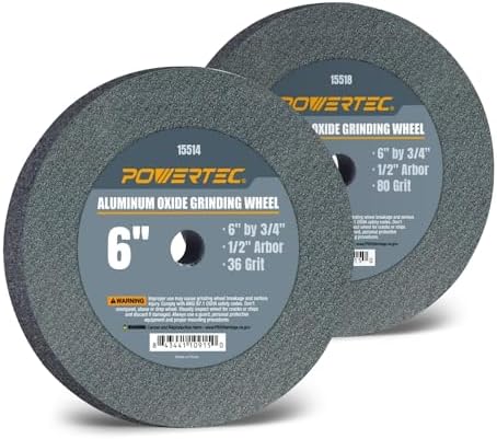 POWERTEC Bench Grinder Wheel 6 Inch 36 & 80 Grit, Aluminum Oxide Grinding Wheel for Bench and Pedestal Grinder, 3/4" Thick 1/2" Arbor, Sharpening & Shaping Drill Bits, Blade, Chisel, 2PK (15546)