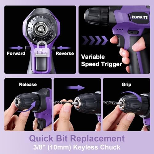 8V Purple Cordless Drill Set for Women, Starter Tool Kit with Drill