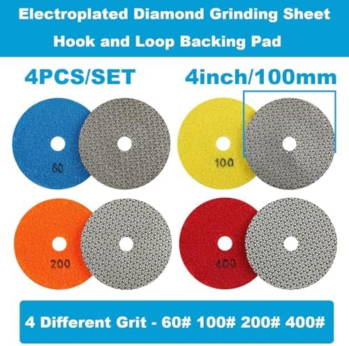 4PCS Electroplated Diamond Sanding Paper Sheet Pad, 60# 100# 200# 400# Grit 4 inch 100 mm Grinding Sandpaper Pad Hook and Loop Backing for Metal Glass Porcelain Ceramic Hand Polishing Trimming