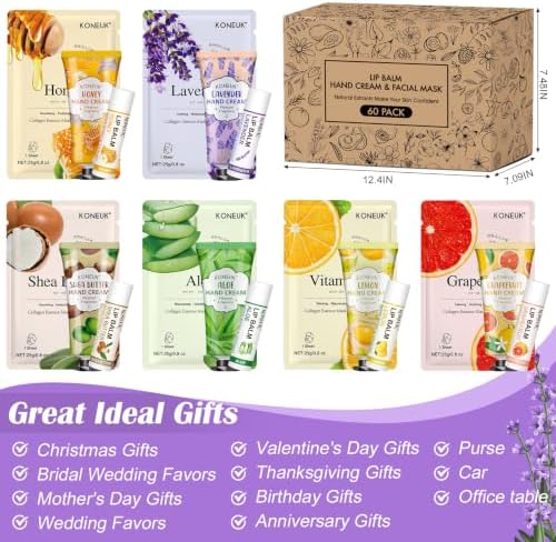 KONEUK 60 Pack Bulk Lip Balm, Facial Mask and Hand Cream Sets, Thank You Gifts and Bridesmaid Gifts for Guests, Birthday Gifts, Teacher Appreciation Gifts, Wedding Favors and Bulk Small Gifts