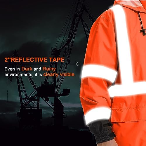 Reflective Rain jackets for men waterproof,Hi Vis Safety Coat With Reflective Strips，High Visibility Class 3 Rain jackets With 2 large pockets，Zipper,Black Bottom Orange,LG/XL
