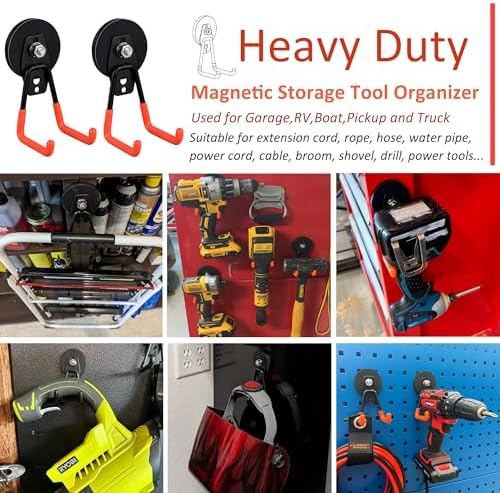 ULIBERMAGNET Heavy Duty Magnetic Garage Hook,10 Pack Strong Large Magnet Hooks for Power Drill,Garden Tools,Hose,Pegboard,Garage, Workshop,Magnetic Storage Hooks for Indoor Outdoor Hanging(Orange)