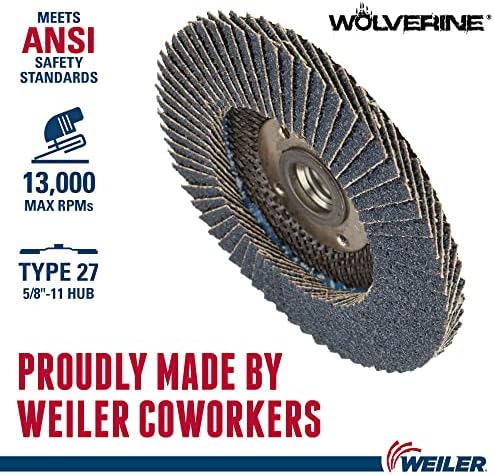 Weiler 31409 Wolverine 4-1/2" x 5/8"-11 UNC NUT Abrasive Flap Disc, 60 Grit Zirconia Alumina, Flat Type 27, Phenolic Backing, Standard Density (Pack of 10)