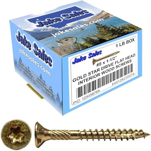 Jake Sales #8 x 1-1/2" Gold Star Wood Screw, T-20 Torx Drive, Flat Head – (1 Pound Box) ~198 Screw Count