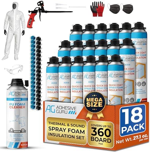 QuickCoat Closed Cell Spray Foam Insulation Kit for Wall–18x32.8oz(930g) Covers 360 Board Ft–DIY Expanding Sealant Set, Insulates Heat&Sound, Fills Gaps&Cracks–18 Foam Cans, Cleaner, Gun&Safety Gear