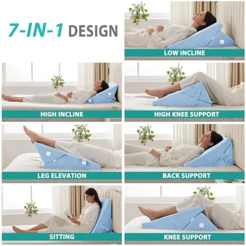 Bedluxe Wedge Pillow for Sleeping, Adjustable 9&12 Inch Foldable Bed Wedge Pillow Set, Orthopedic Memory Foam Triangle Pillows Wedge, 7-in-1 Elevated Pillows for Leg and Back Support, Light Blue