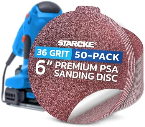 Starcke Sand Paper for Car, 50 Pack Premium 6 Inch Sanding Discs, 36 Grit Sanding Paper, Self Adhesive Orbital Sander Pads, PSA Aluminum Oxide Sandpaper Discs, Auto Sandpaper for Wood, Metal, Paint