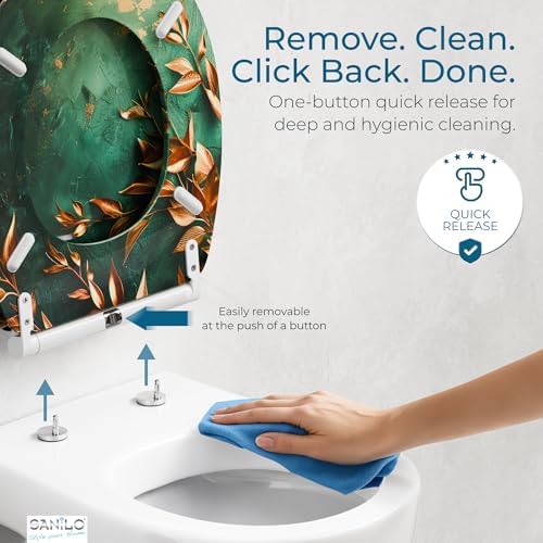 Sanilo Wooden Toilet Seat with Quick Release & Soft Close [ROUND] - Decorative & Slow Close Molded Wood Seat - With One Click for Easy Installation & Cleaning - With Adjustable Fit (Greego)