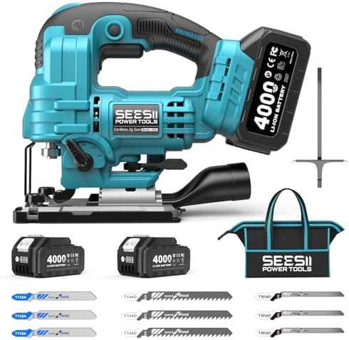 SEESII Brushless Jig Saw, Cordless Jigsaw Tool 2×4.0Ah Batteries