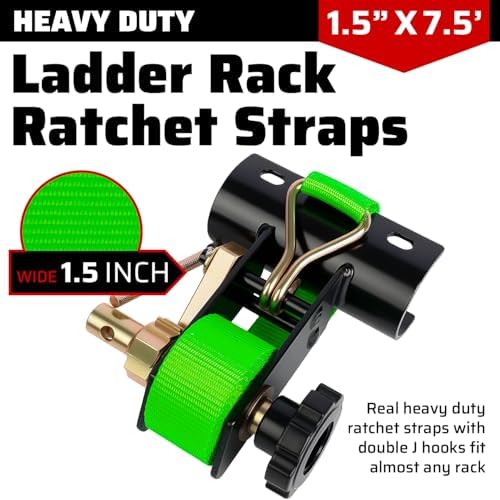 Green Rack Straps with J-Hook (4PK),1.5" x7.5' Ladder Rack Ratchet Straps, 2" Round Tube Mount, Perfect Ladder Rack Tie-Downs for Trailer Cargo Control
