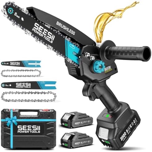 Mini Chainsaw Cordless 8 inch: Electric Chainsaw Battery Powered, Brushless Chain Saw with Auto Oiler, 2pcs Battery, Handheld Saw for Tree Branch Wood Cutting,Gardening Tools for Men Dad Husband