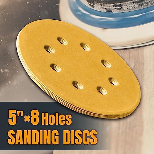 POWERTEC 100 PCS 320 Grit - 5 Inch 8 Hole Hook and Loop Sanding Discs, 5" Sanding Pads for Automotive, Drywall, Woodworking with Orbital Sander, Air, and DA Sander (44032G-50-P2)