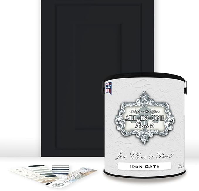 ALL-IN-ONE Paint by Heirloom Traditions, Iron Gate (Black), Gallon - Durable cabinet and furniture paint. Built in primer and top coat, no sanding needed. Includes our 30 featured color card.