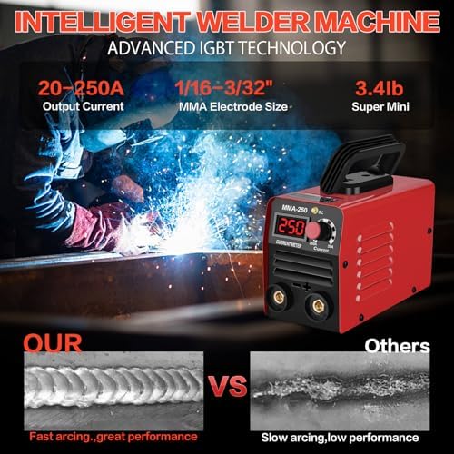 Super Mini Stick Welder Machine,110V 250A ARC Portable MMA Welding Machine for Beginners,Welding Machine with 10pcs Welding Rod Tools,IGBT Inverter Welder,Hot Start Arc Force Anti-stick (Red)