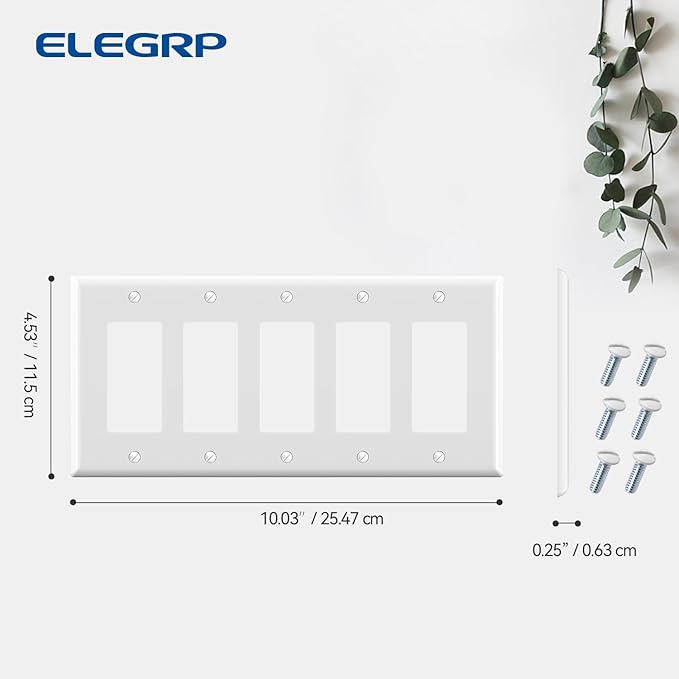 ELEGRP 5-Gang Decorative Wall Plates, Standard Size 4.52" H x 10.03" L Unbreakable Thermoplastic Faceplate Cover for Decorator Receptacle Outlet Switch, UL Listed (2 Pack, Glossy White)